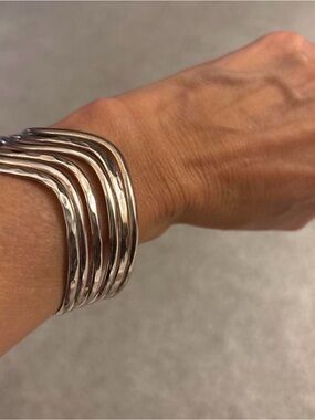 Layered Hammered Silver-Tone Multi-Band Cuff Bracelet